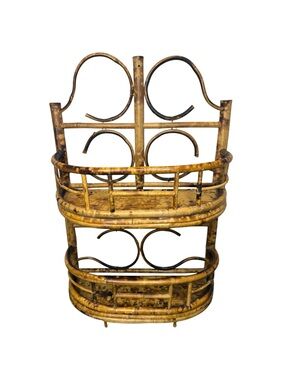 Vintage 1970s Burnt Bamboo Wall Shelf: 2 Tier Shelf - Wall Hanging or Table Top